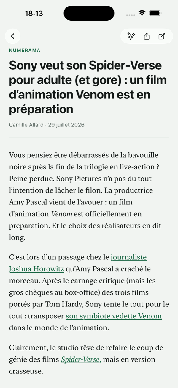 Un article affiché dans Esentza, sans publicité ni encart