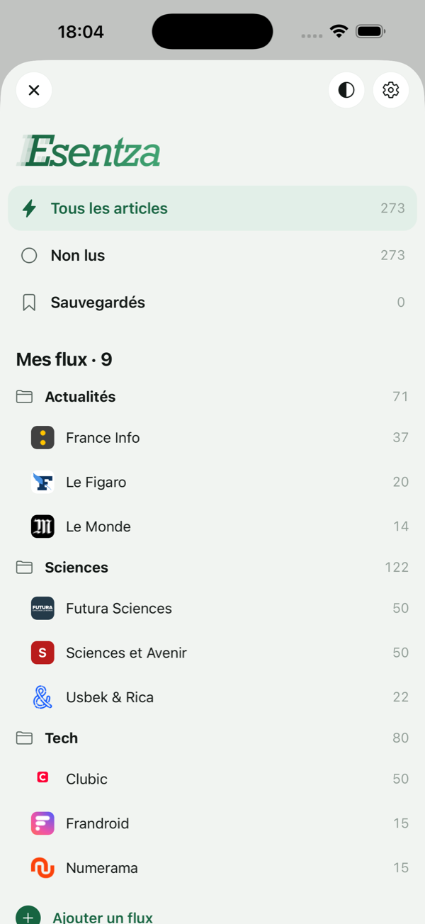 L'écran des sources d'Esentza : vos flux classés en dossiers, avec le nombre d'articles